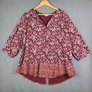 Lucky Brand Red Floral Top Geometric Split Hem Boho Peasant Flowy Blouse Size 2X